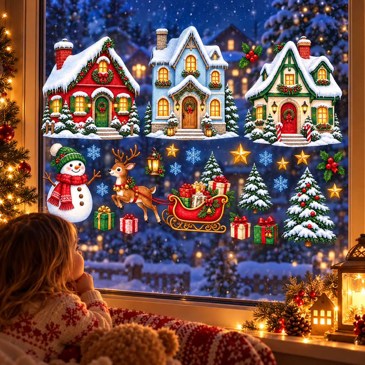 Christmas Karlı Şehir Kış Yılbaşı Dekor Cam ve Duvar Sticker Seti