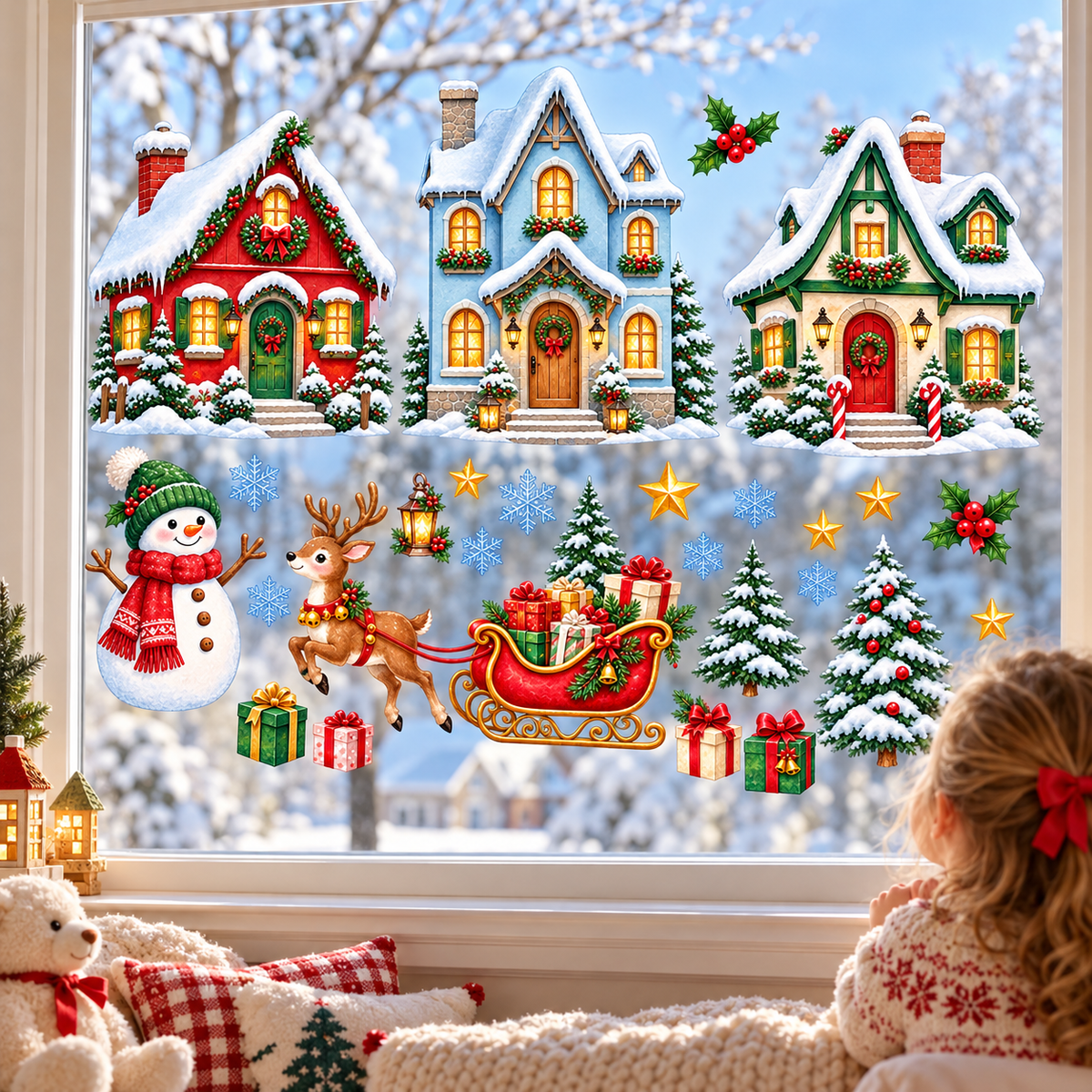 Christmas Karlı Şehir Kış Yılbaşı Dekor Cam ve Duvar Sticker Seti