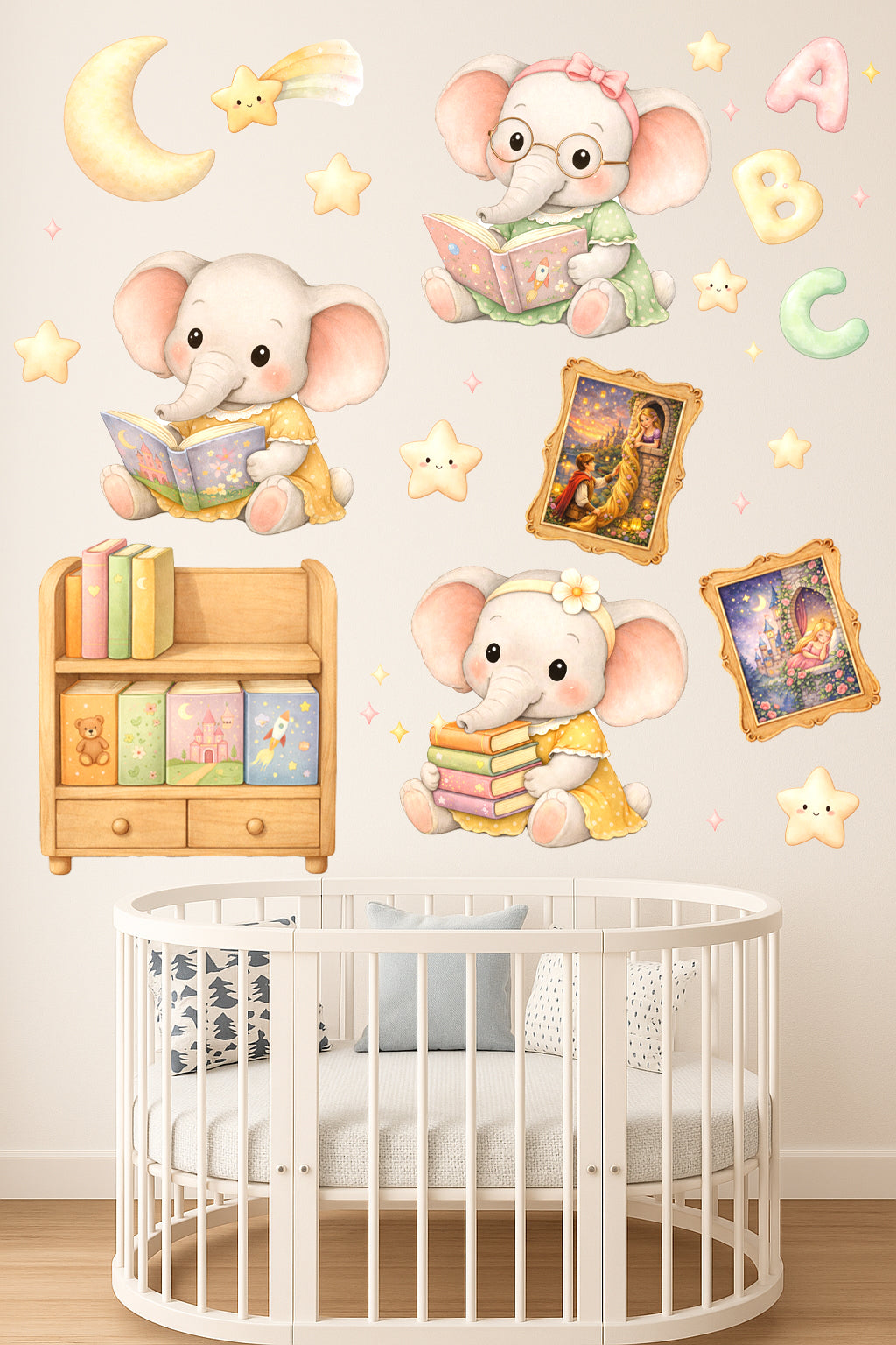 Masal Temalı Sevimli Filler Sulu Boya Okuma Zamanı Çocuk Odası Duvar Sticker Seti