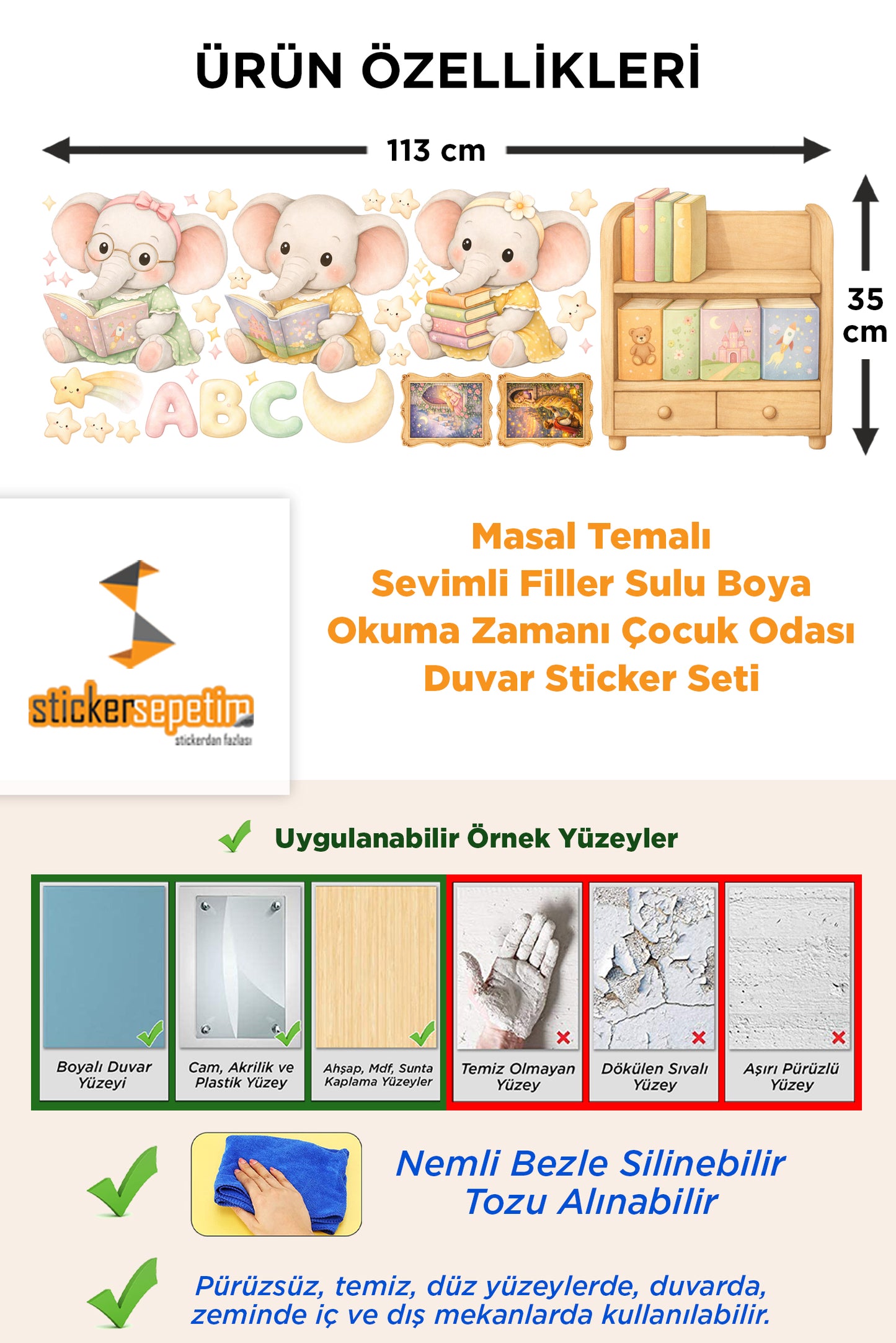 Masal Temalı Sevimli Filler Sulu Boya Okuma Zamanı Çocuk Odası Duvar Sticker Seti