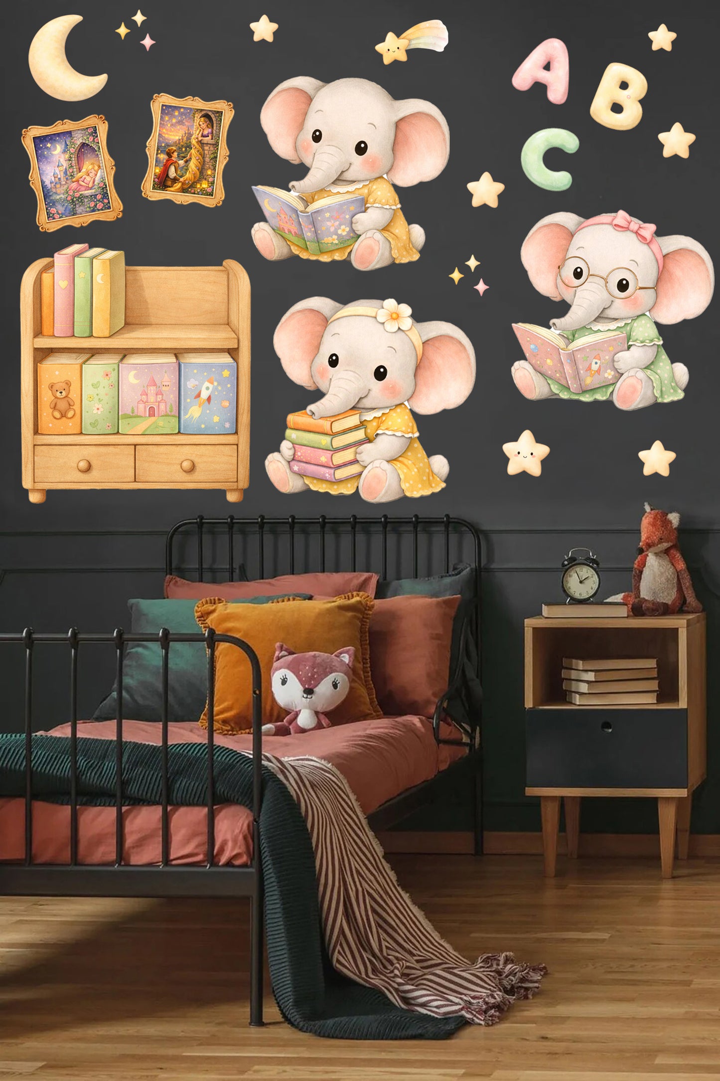 Masal Temalı Sevimli Filler Sulu Boya Okuma Zamanı Çocuk Odası Duvar Sticker Seti