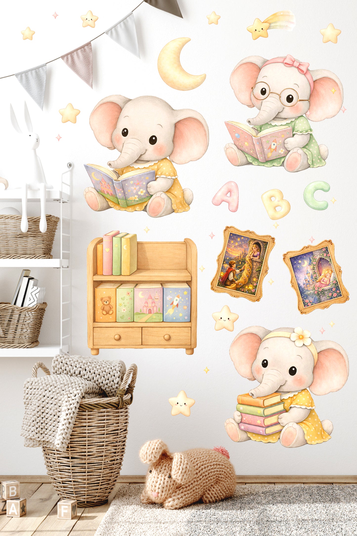 Masal Temalı Sevimli Filler Sulu Boya Okuma Zamanı Çocuk Odası Duvar Sticker Seti