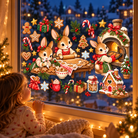 Christmas Kurabiye Atölyesi Sevimli Tavşanlar Yılbaşı Cam ve Duvar Sticker Seti