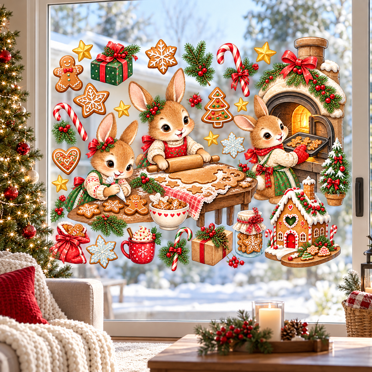 Christmas Kurabiye Atölyesi Sevimli Tavşanlar Yılbaşı Cam ve Duvar Sticker Seti