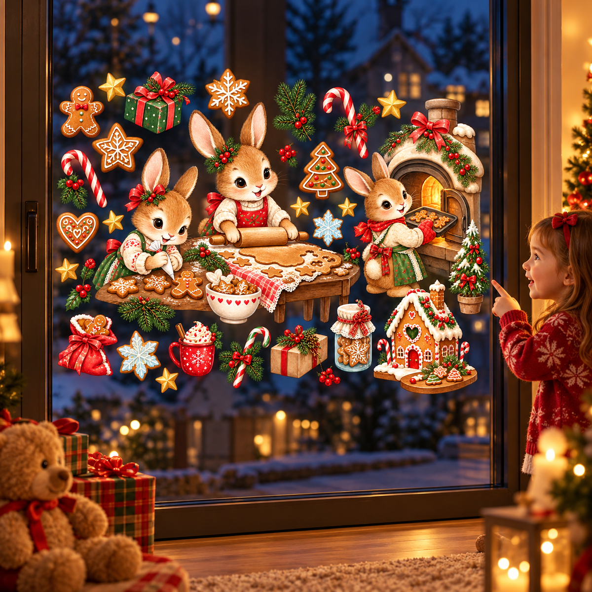 Christmas Kurabiye Atölyesi Sevimli Tavşanlar Yılbaşı Cam ve Duvar Sticker Seti