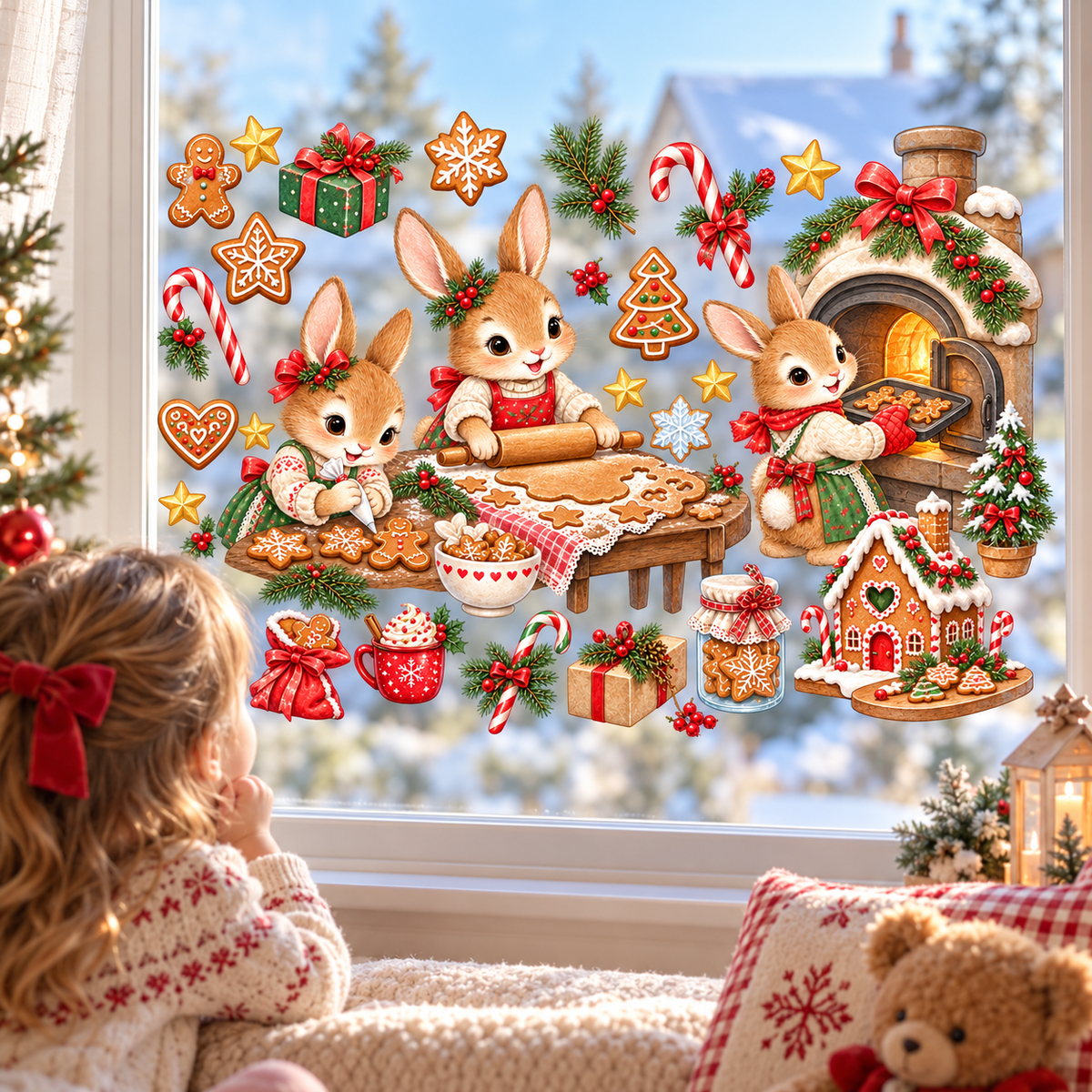 Christmas Kurabiye Atölyesi Sevimli Tavşanlar Yılbaşı Cam ve Duvar Sticker Seti