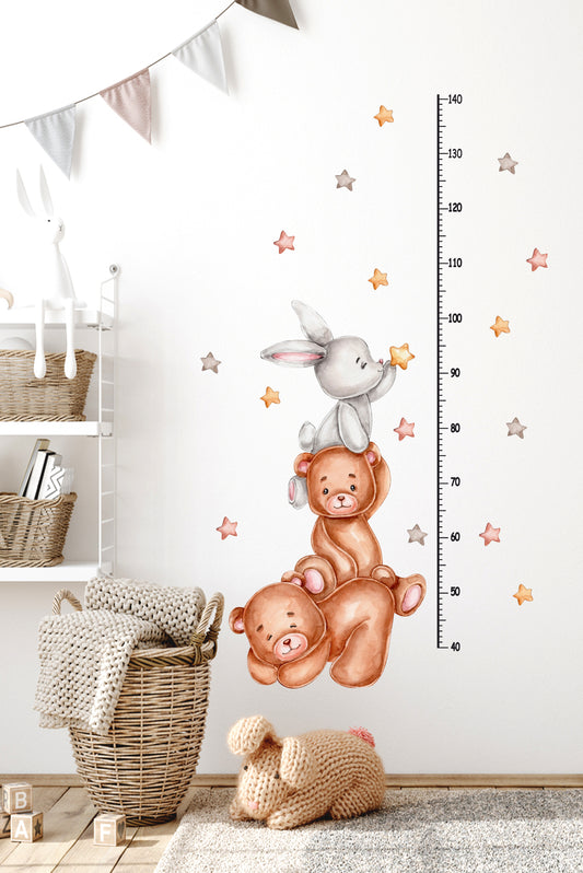 Duvar Sticker - Sevimli Ayıcıklar, Tavşan Ve Yıldızlar Çocuk Odası Duvar Sticker Boy Ölçer Cetvel Duvar Dekoru