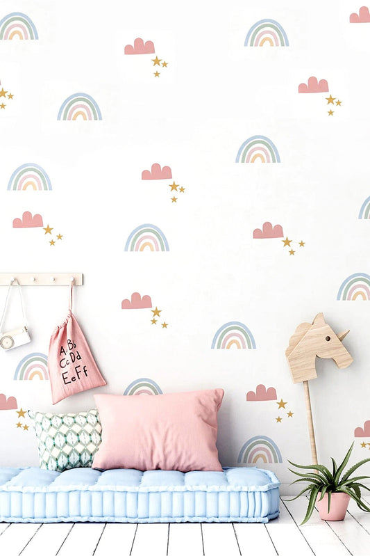 Duvar Sticker Çocuk Odası Duvar Sticker - Pembe Gökkuşağı Bulut Ve Yıldızlar Dekoratif Duvar Süsü