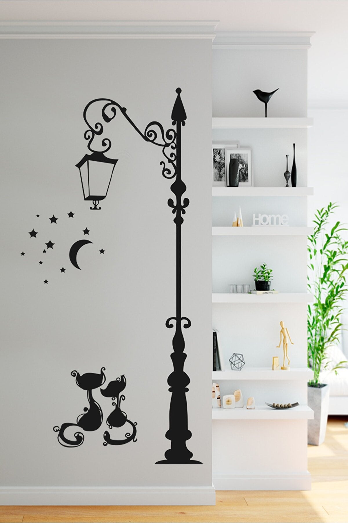 Sokak Lambası Iki Kedi Yıldızlar Ay Işığı Dekoratif Duvar Sticker - Duvar Süsü - Duvar Dekoru
