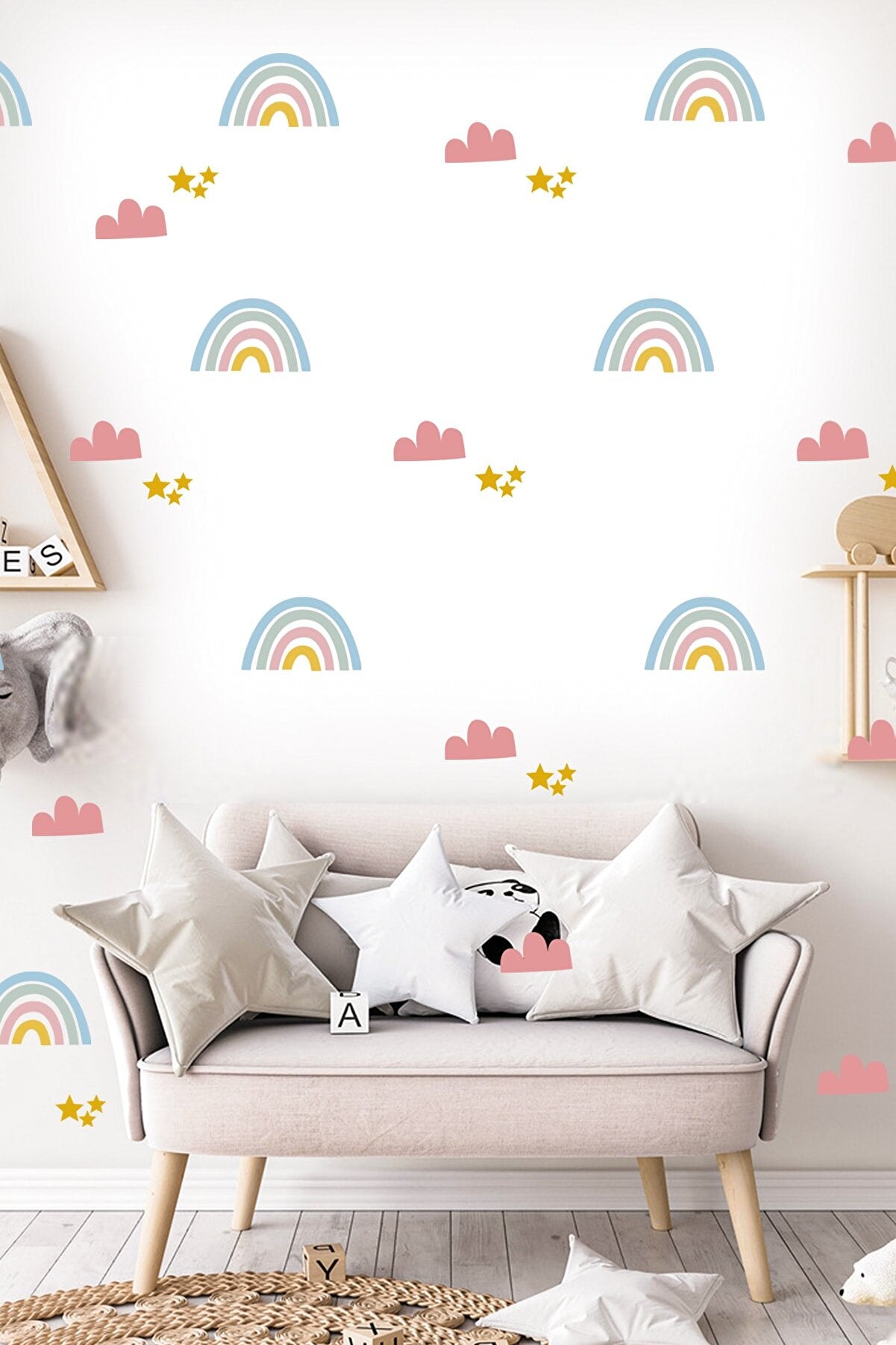 Duvar Sticker Çocuk Odası Duvar Sticker - Pembe Gökkuşağı Bulut Ve Yıldızlar Dekoratif Duvar Süsü