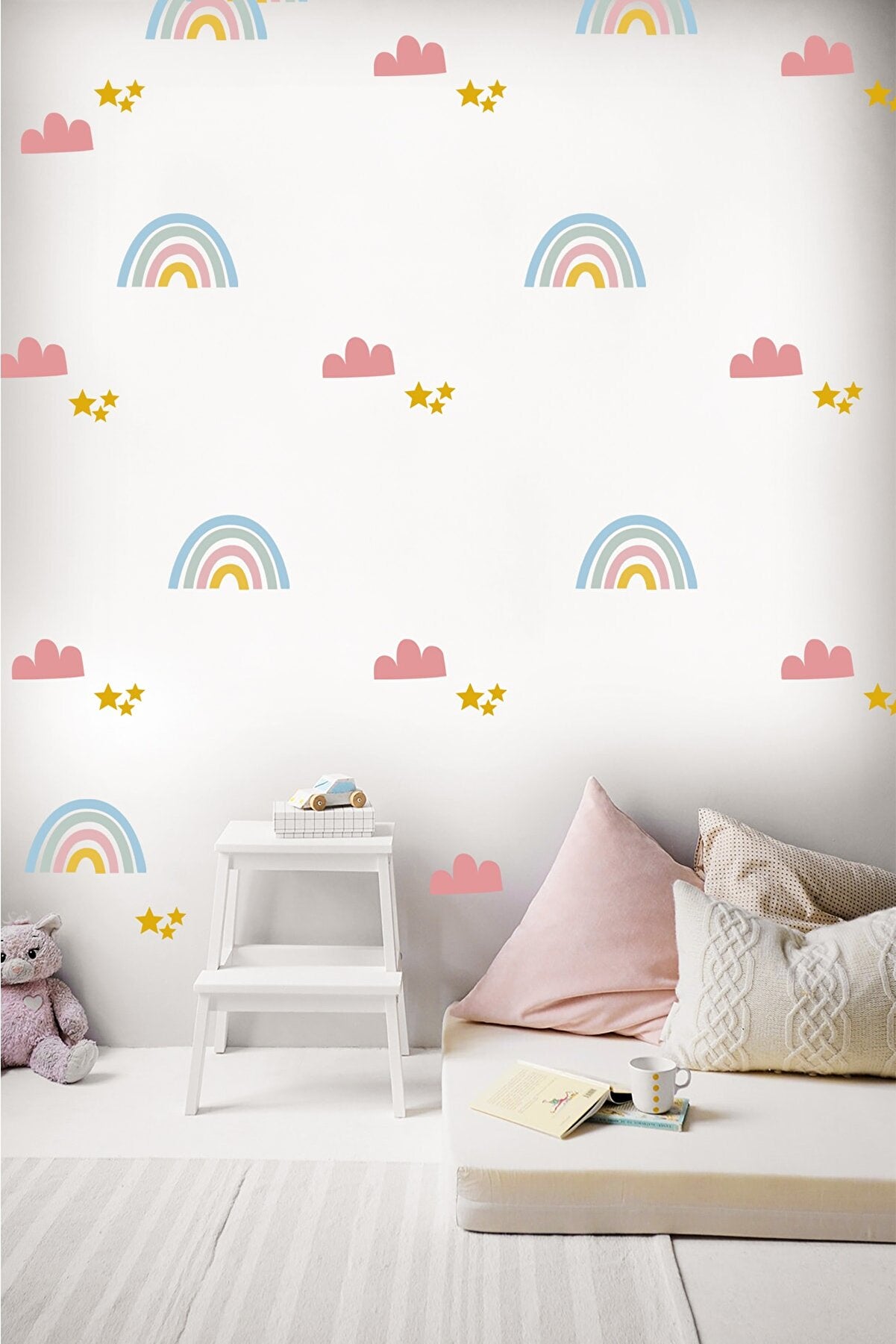 Duvar Sticker Çocuk Odası Duvar Sticker - Pembe Gökkuşağı Bulut Ve Yıldızlar Dekoratif Duvar Süsü