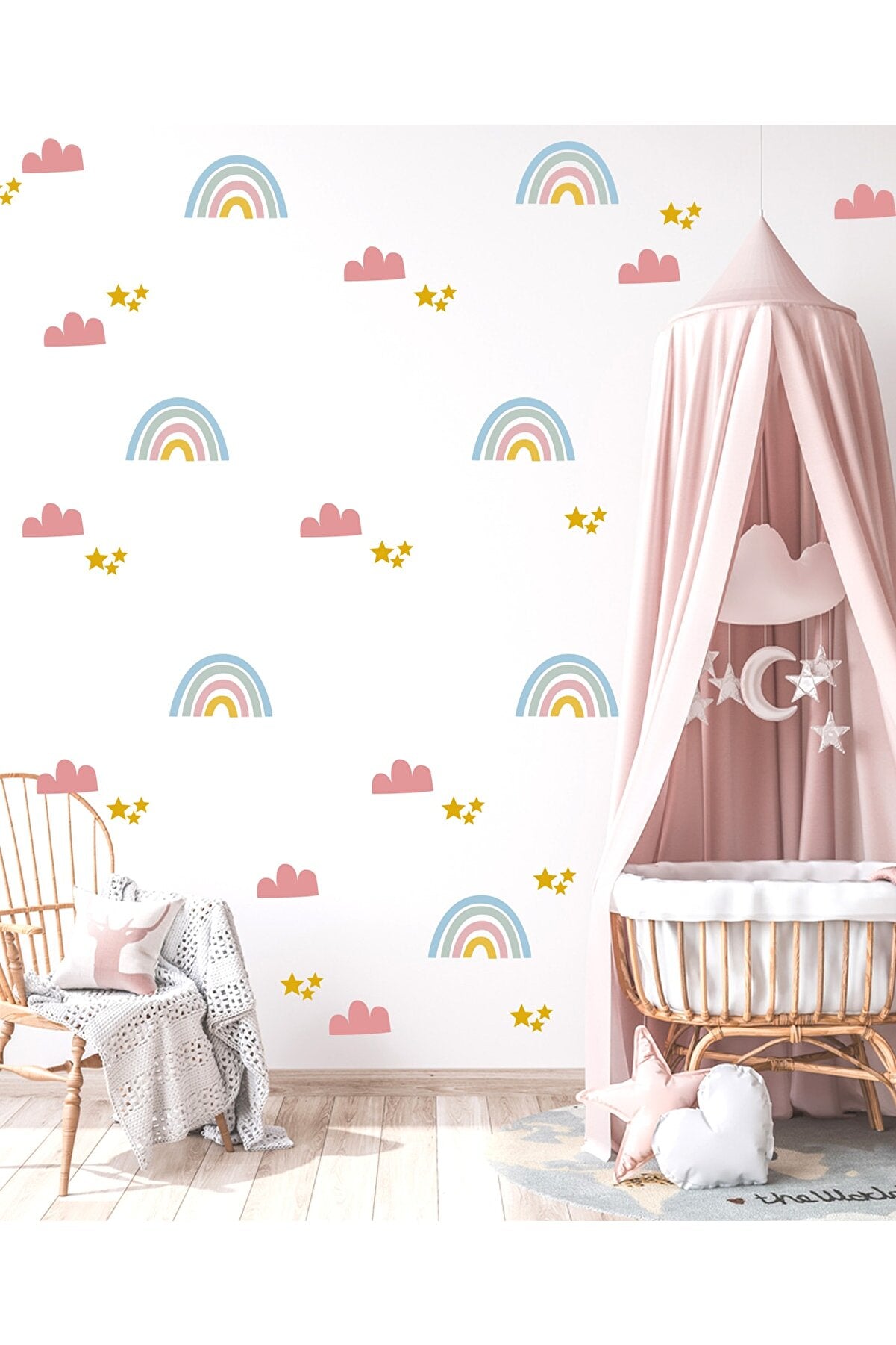Duvar Sticker Çocuk Odası Duvar Sticker - Pembe Gökkuşağı Bulut Ve Yıldızlar Dekoratif Duvar Süsü