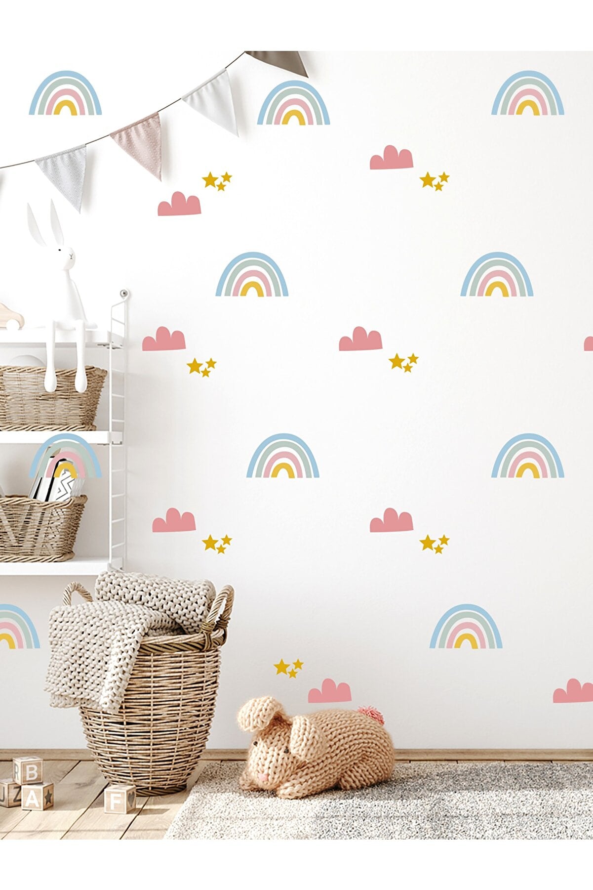 Duvar Sticker Çocuk Odası Duvar Sticker - Pembe Gökkuşağı Bulut Ve Yıldızlar Dekoratif Duvar Süsü