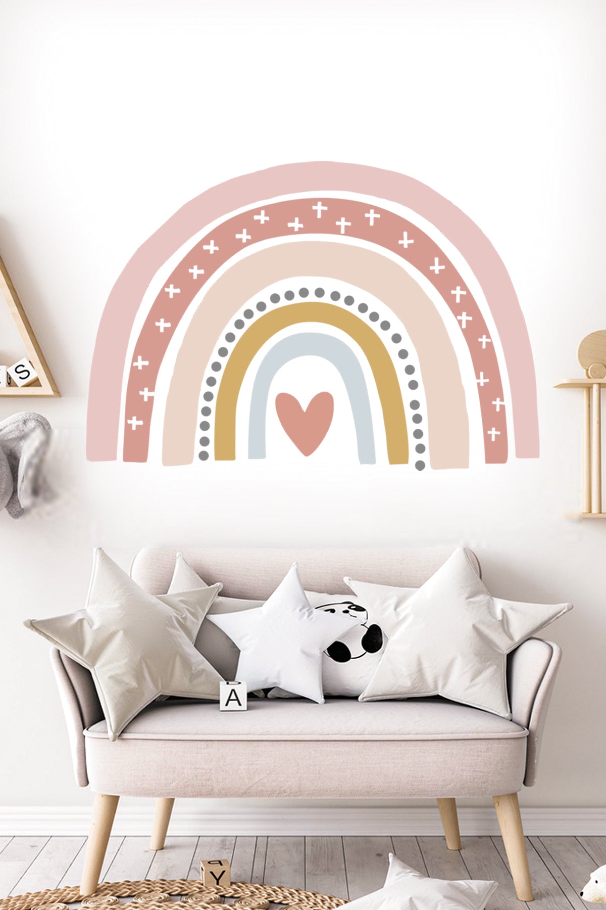 Çocuk Odası Duvar Sticker Kalp Ve Puantiyeli Soft Renkli Gökkuşağı Duvar Süsü