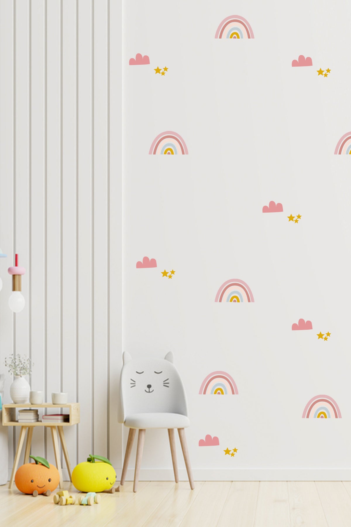Duvar Sticker Çocuk Odası Duvar Sticker - Soft Renkli Pembe Gökkuşağı Bulut Ve Yıldızlar Dekoratif Duvar Süsü