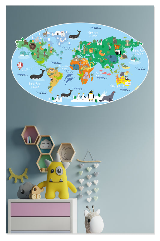 Eğitici Renkli Dünya Atlası , Dünya Haritası Okul, Kreş, Çocuk ve Bebek Odası Duvar Sticker