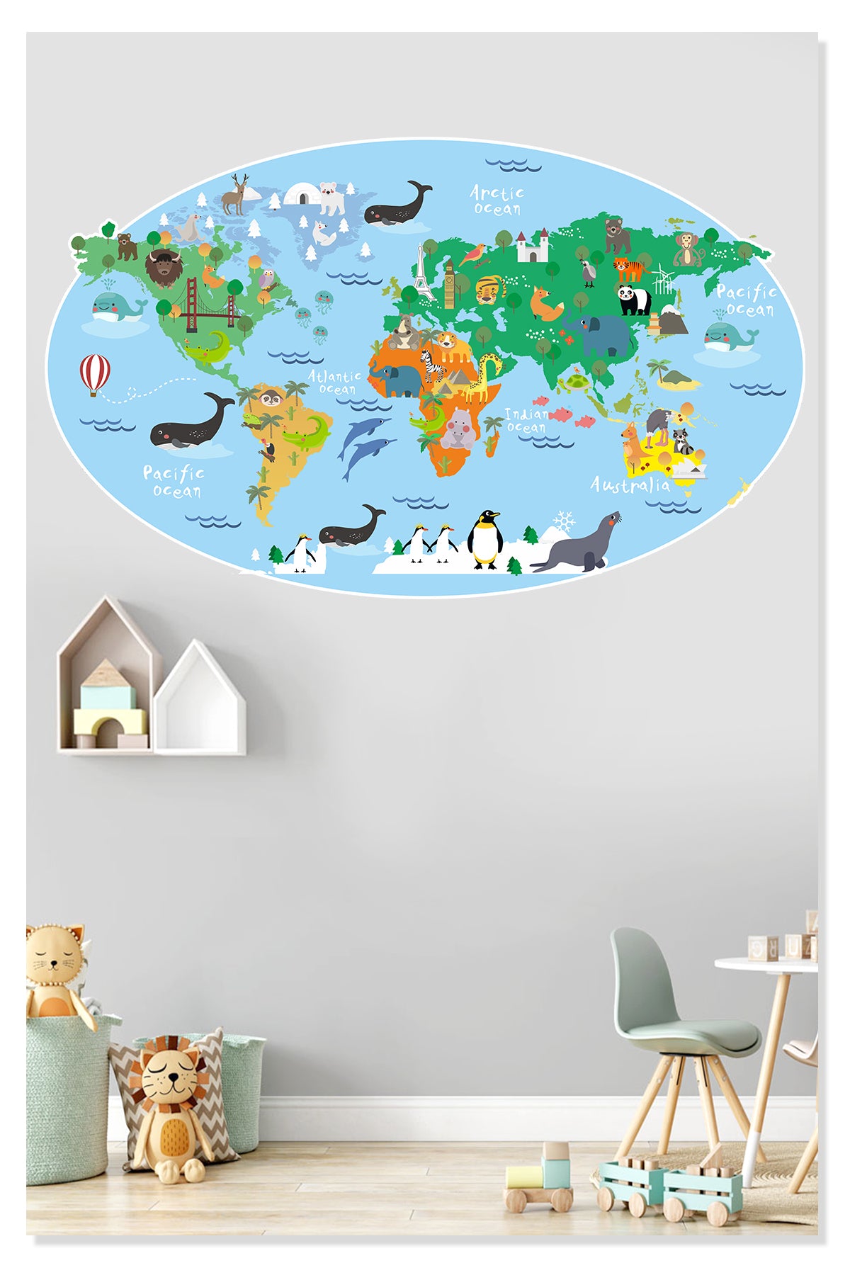 Eğitici Renkli Dünya Atlası , Dünya Haritası Okul, Kreş, Çocuk ve Bebek Odası Duvar Sticker