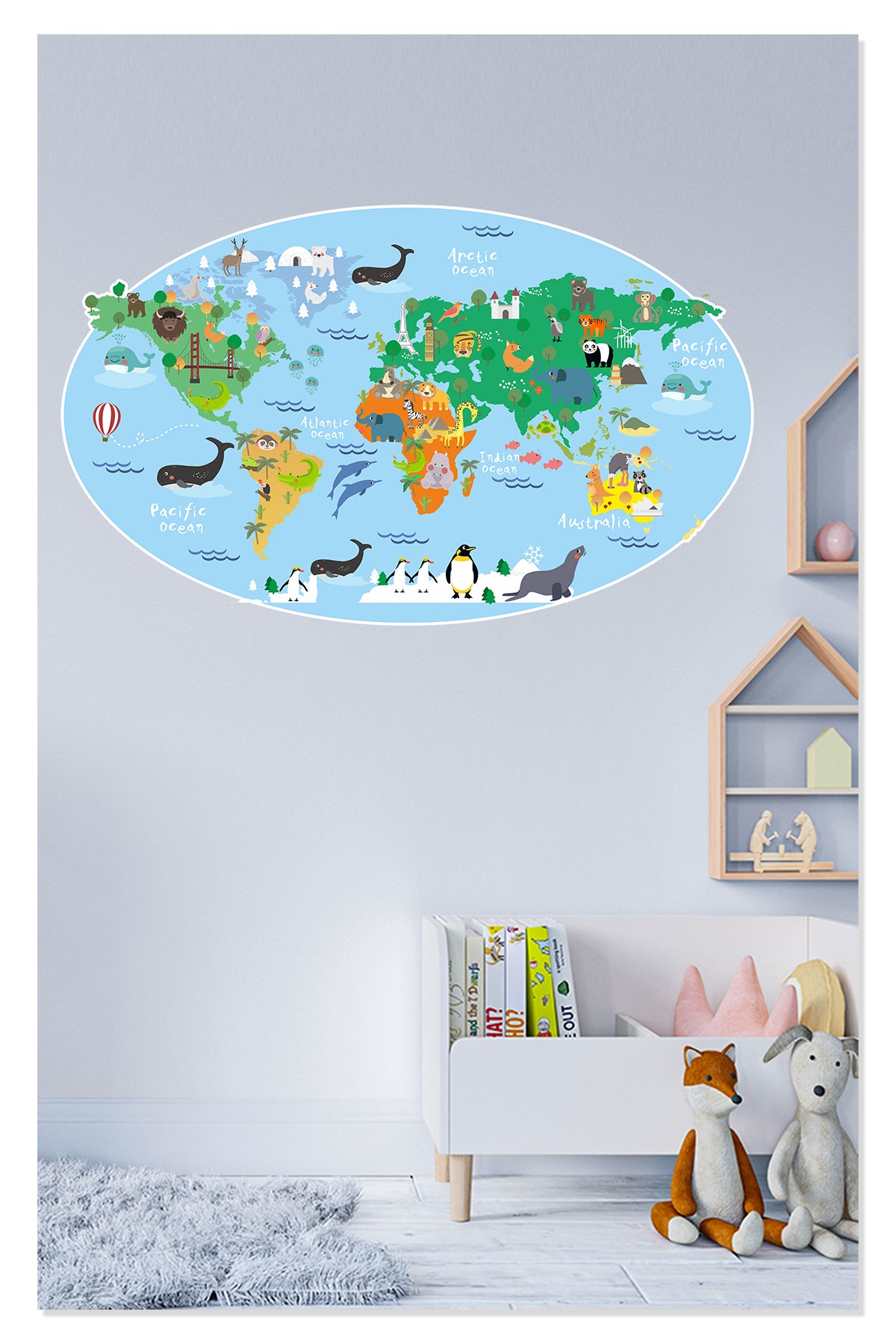 Eğitici Renkli Dünya Atlası , Dünya Haritası Okul, Kreş, Çocuk ve Bebek Odası Duvar Sticker