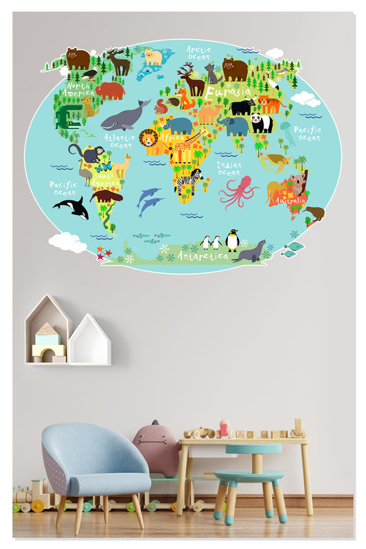 Eğitici Renkli Dünya Atlası , Dünya Haritası Okul, Kreş, Çocuk ve Bebek Odası Duvar Sticker