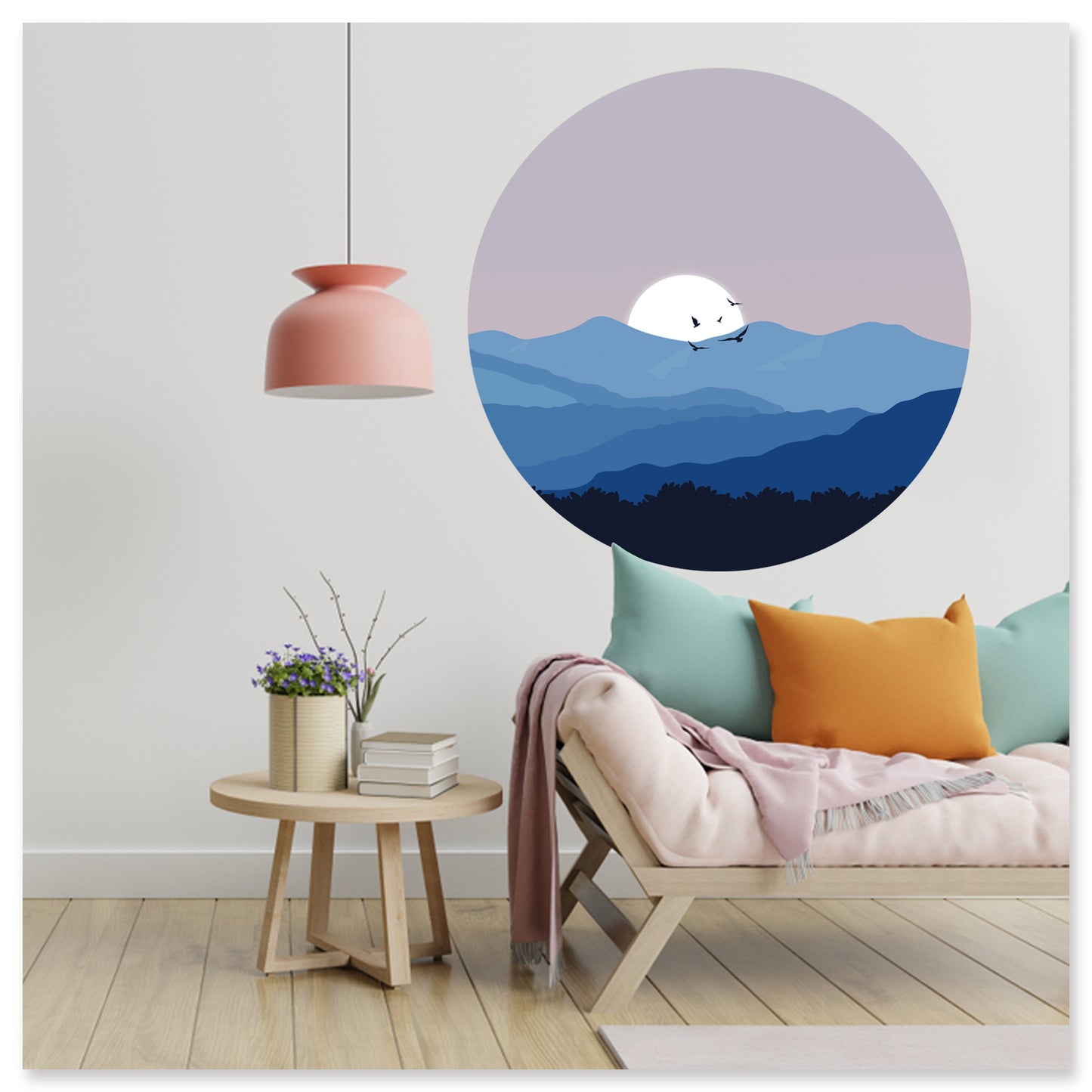 Mavi Dağlar ve Gün Batımı Oval Duvar Sticker