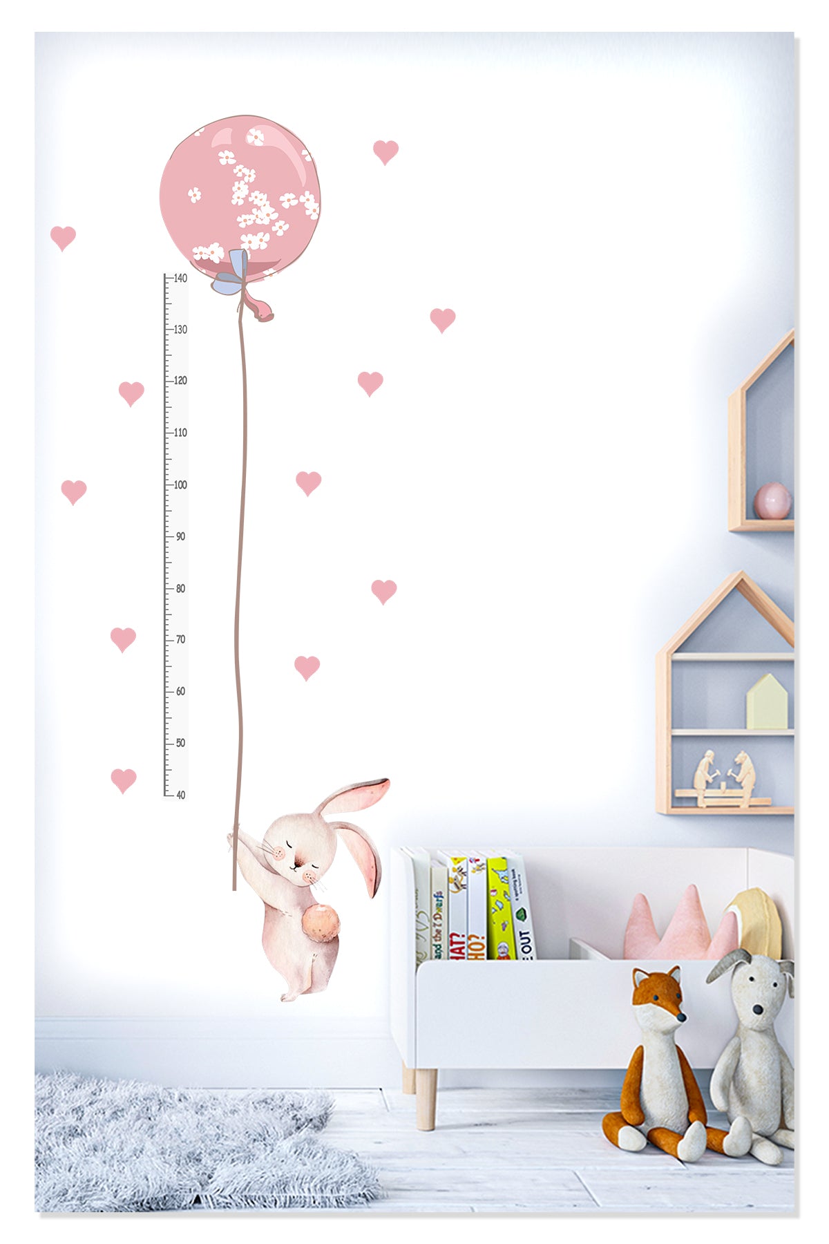 Sevimli Balonlu Pembe Tavşan Boy Ölçer Çocuk Odası Duvar Sticker