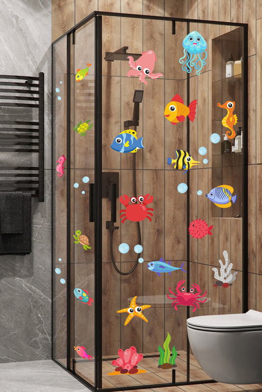 Sevimli Deniz Canlıları Balık, Yengeç, Ahtapot Okyanus Canlıları Duşa Kabin Banyo Duvar Sticker Duvar Dekoru