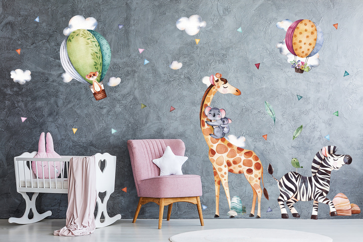 Sulu Boya Safari Hayvanlar Ve Uçan Balonlar Zebra Zürafa Çocuk Odası Duvar Sticker
