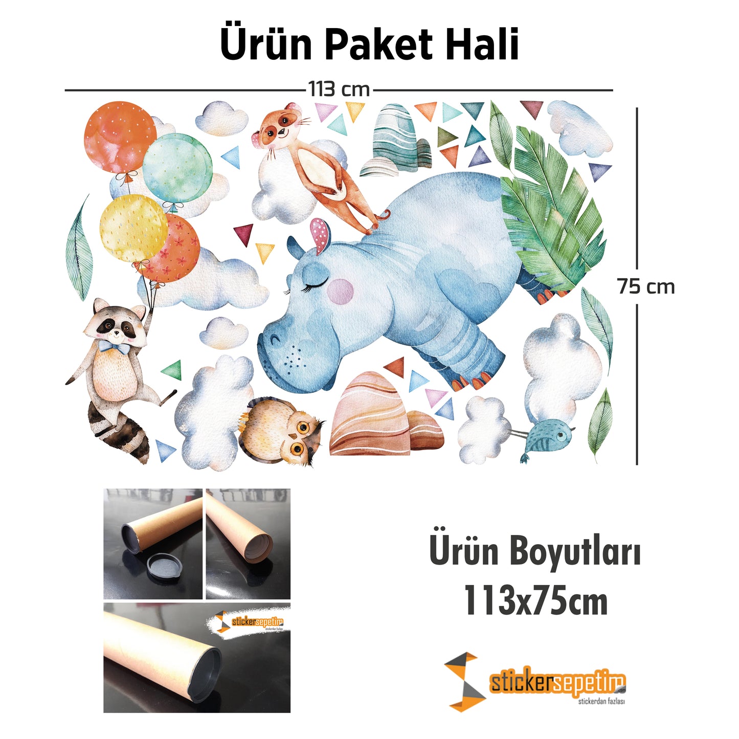 Sulu Boya Safari Hayvanlar, Uçan Balonlar Hipopotam, Rakun, Baykuş Bulutlar Çocuk Odası Duvar Sticker