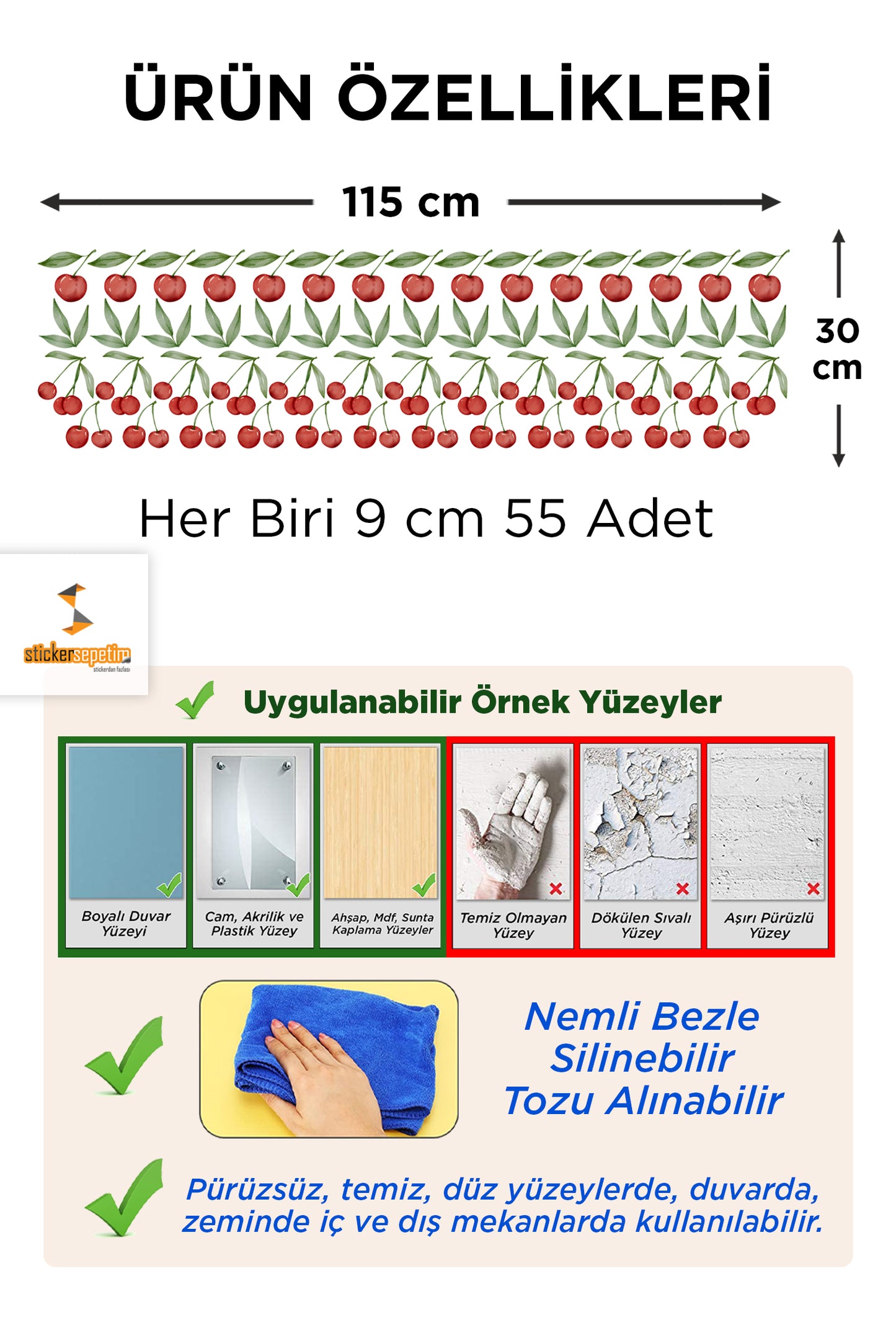 Sulu Boya  Watercolor Kiraz Desenli Puantiye Dekoratif Duvar Sticker Seti Duvar Süsü