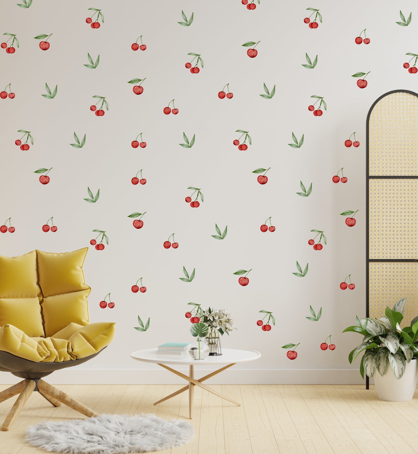Sulu Boya  Watercolor Kiraz Desenli Puantiye Dekoratif Duvar Sticker Seti Duvar Süsü