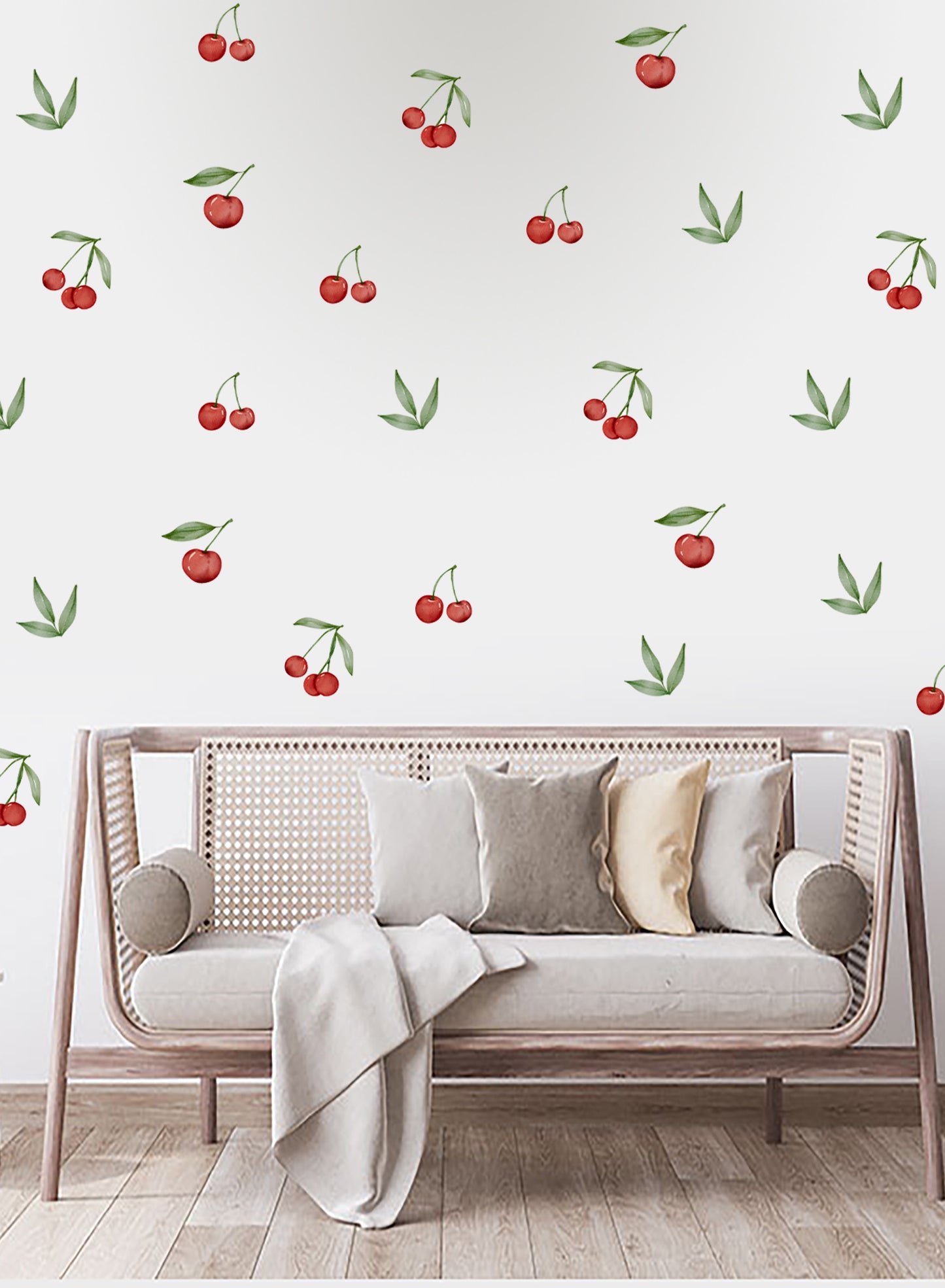 Sulu Boya  Watercolor Kiraz Desenli Puantiye Dekoratif Duvar Sticker Seti Duvar Süsü