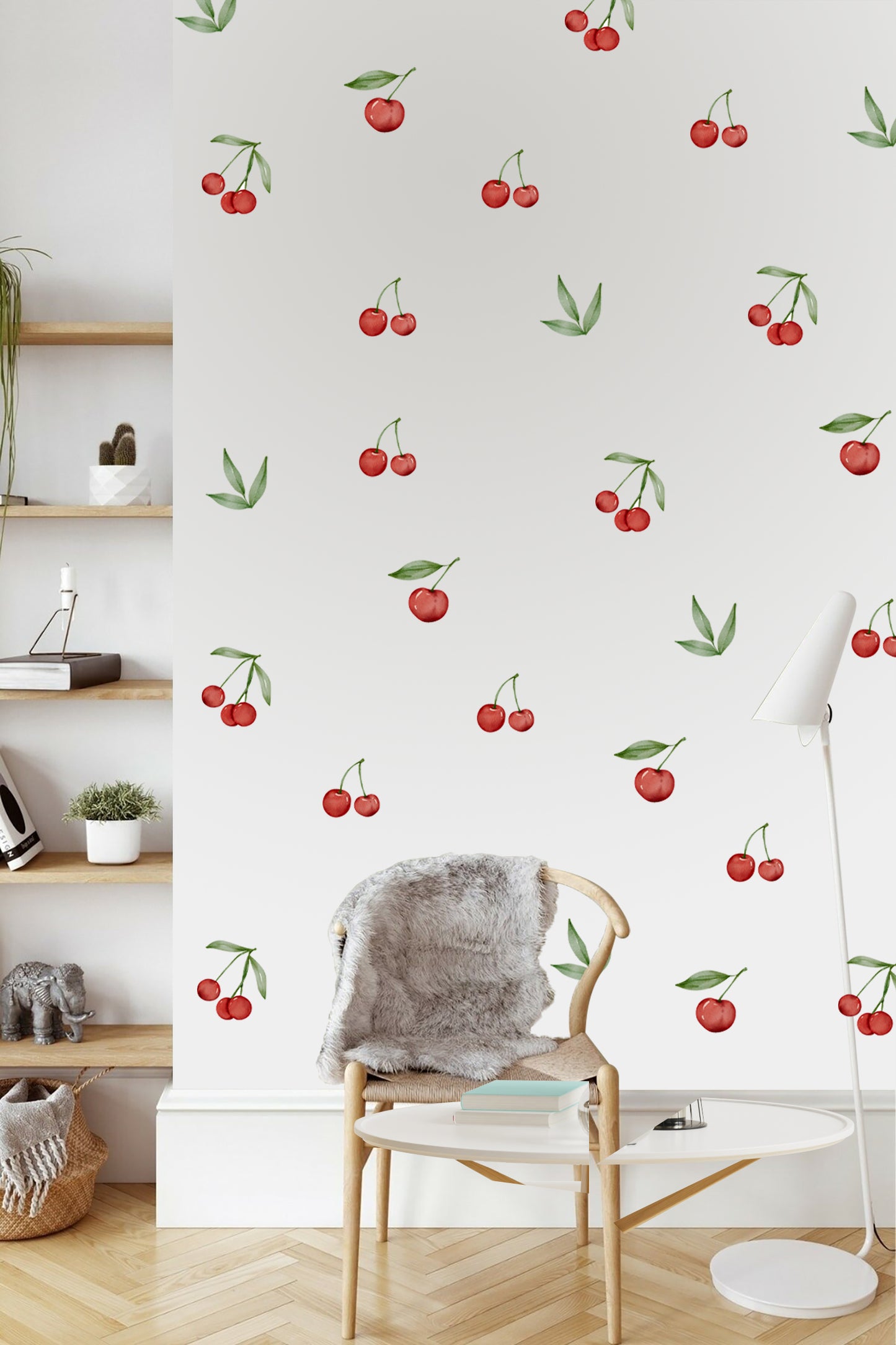 Sulu Boya  Watercolor Kiraz Desenli Puantiye Dekoratif Duvar Sticker Seti Duvar Süsü