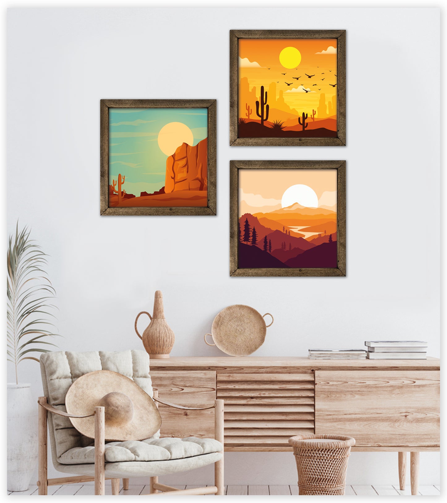 Üçlü Set Vintage Çerçeveli Vahşi Batı Gün Batımı Ahşap Tablo