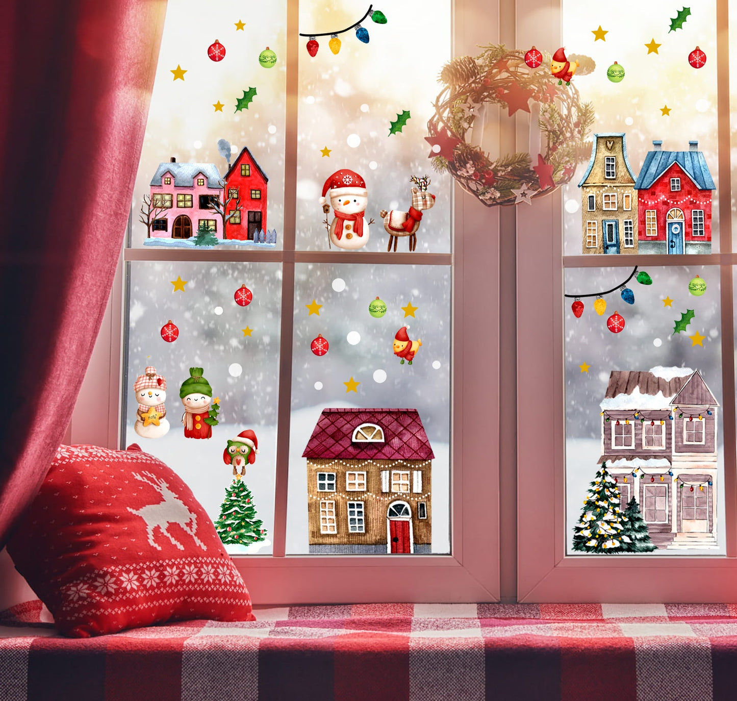 Yılbaşı Temalı Karlı Şehir, Evler Kardan Adam Christmas Cam, Duvar Sticker Seti