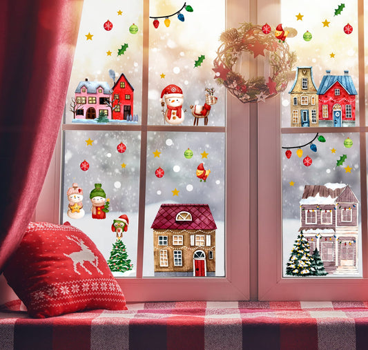 Yılbaşı Temalı Karlı Şehir, Evler Kardan Adam Christmas Cam, Duvar Sticker Seti
